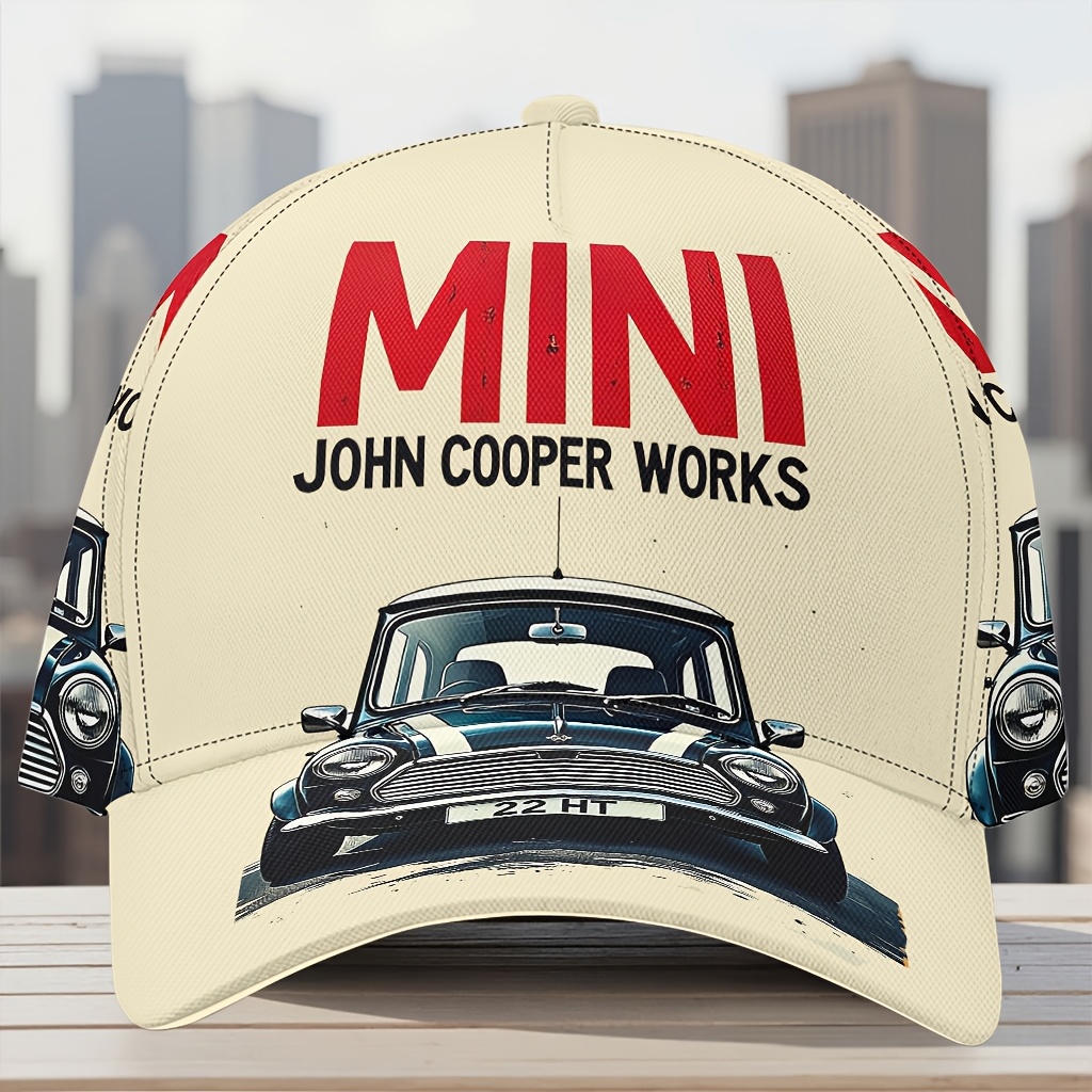 TEMU 1pc, Outdoor Travel All-match Baseball , Mini Retro Car Text , Full Print Curved Brim Baseball , Lightweight And Comfortable, Skin-friendly