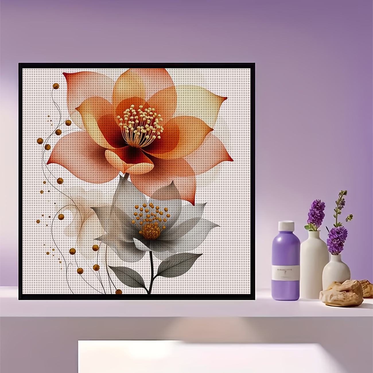 Cross-Stitch Printing Kit, Two Artistic Two-Color Flowers Pattern