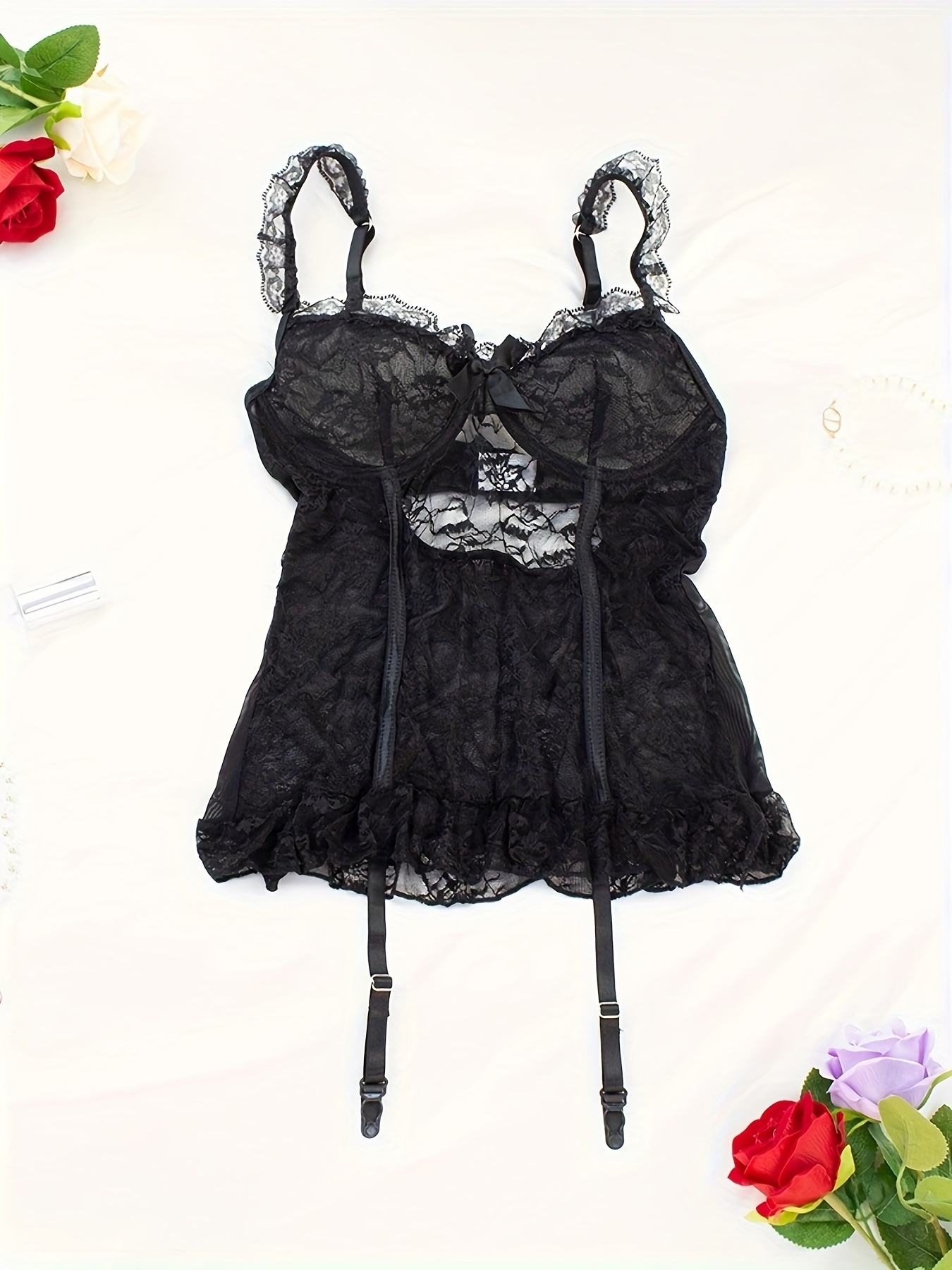 Women's Sexy Adult Floral Lace Lingerie Set Ruffle V neck - Temu Canada