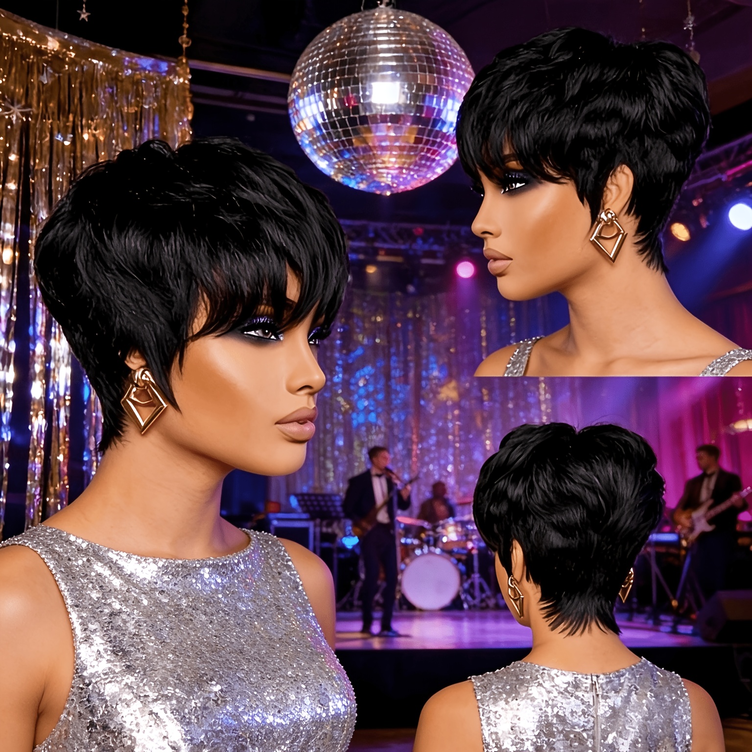 TEMU Ladies' Black Short Layered Bob Wig With Bangs And No Glue Cap, Simulation For Daily Versatile Styling