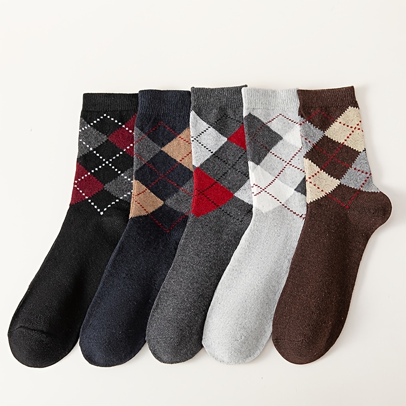 5-pair Men's Diamond Checkered Socks, Autumn/winter Warm Thickened Socks, Versatile Mid-calf Winter Socks