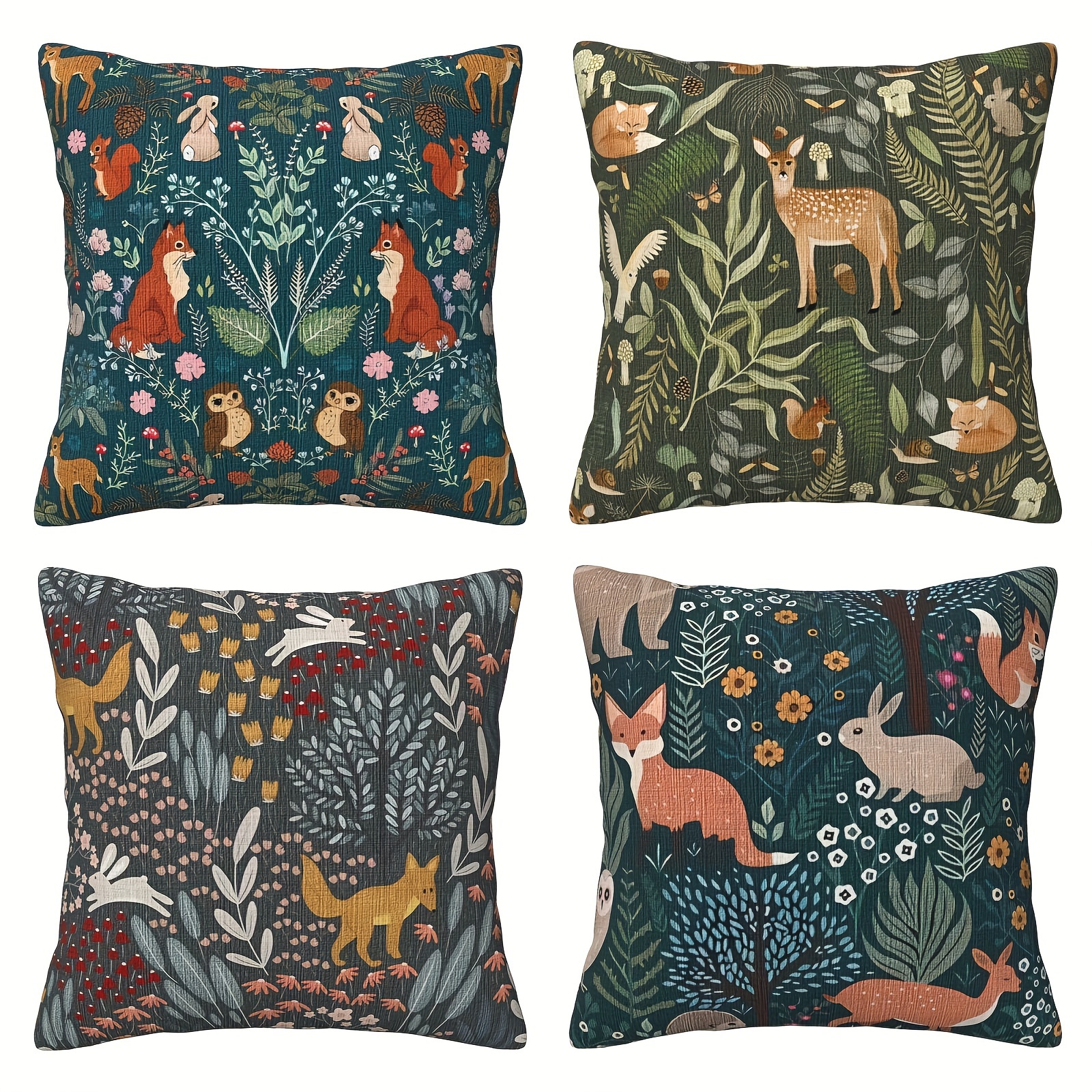 

4-piece Set Of Forest Leaves & Animals Printed Linen Blend Throw Pillow Covers - Zippered, Machine Washable Cushion Cases For Modern Home & Farmhouse Decor