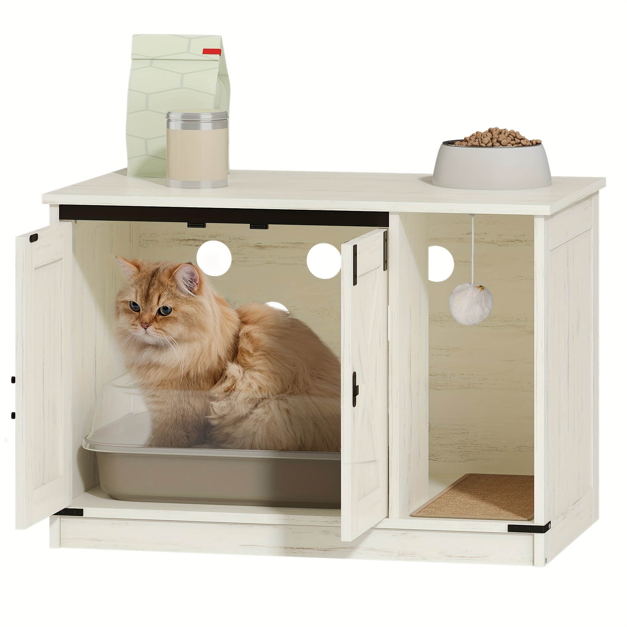 Image of Cat Litter Box Enclosure, Hidden Litter Box Cabinet Furniture With , Indoor Cat House, Farmhouse Style, X 19.7 X 20.9inches, For Hallway, Bedroom, White