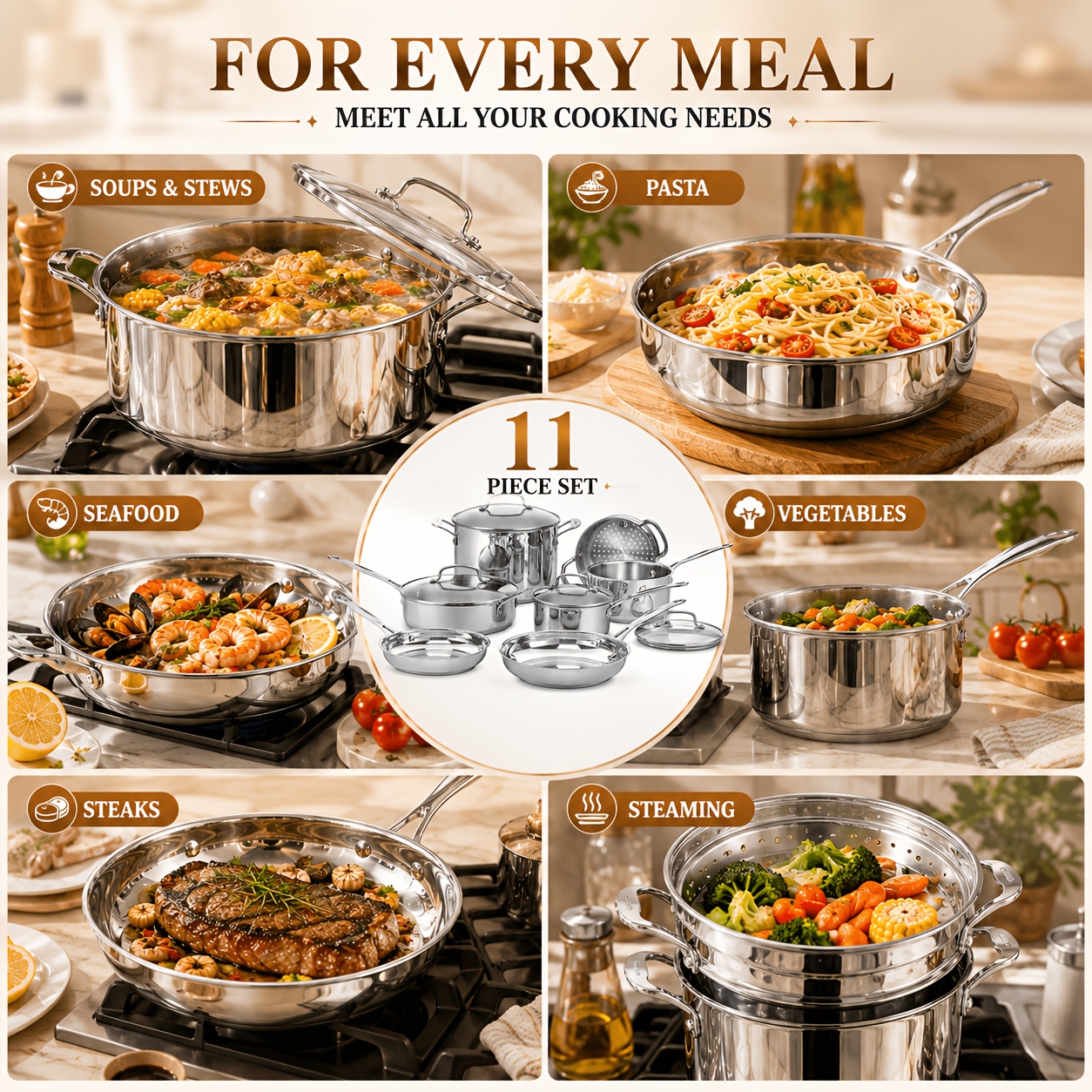 11pcs Stainless Steel Pots And Pans Set, Non-Toxic Kitchen Cookware Set with Glass Lids, Induction Compatible Cooking Set, Aluminum Core Fast Even Heating, Cool Touch Handles, Dishwasher Safe for Daily Cooking, Family Kitchen Essentials