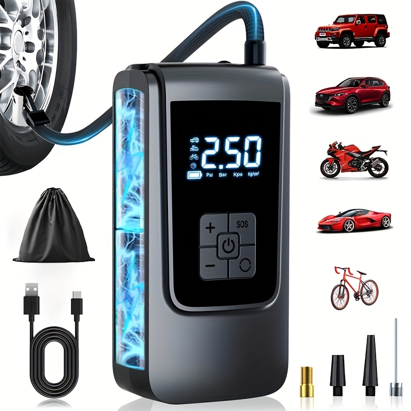 E-shop Robuster, tragbarer kabelloser Luftkompressor/drahtloser Reifenaufpumper: Handlicher Elektrokompressor, präzises Druck-LED-Display,