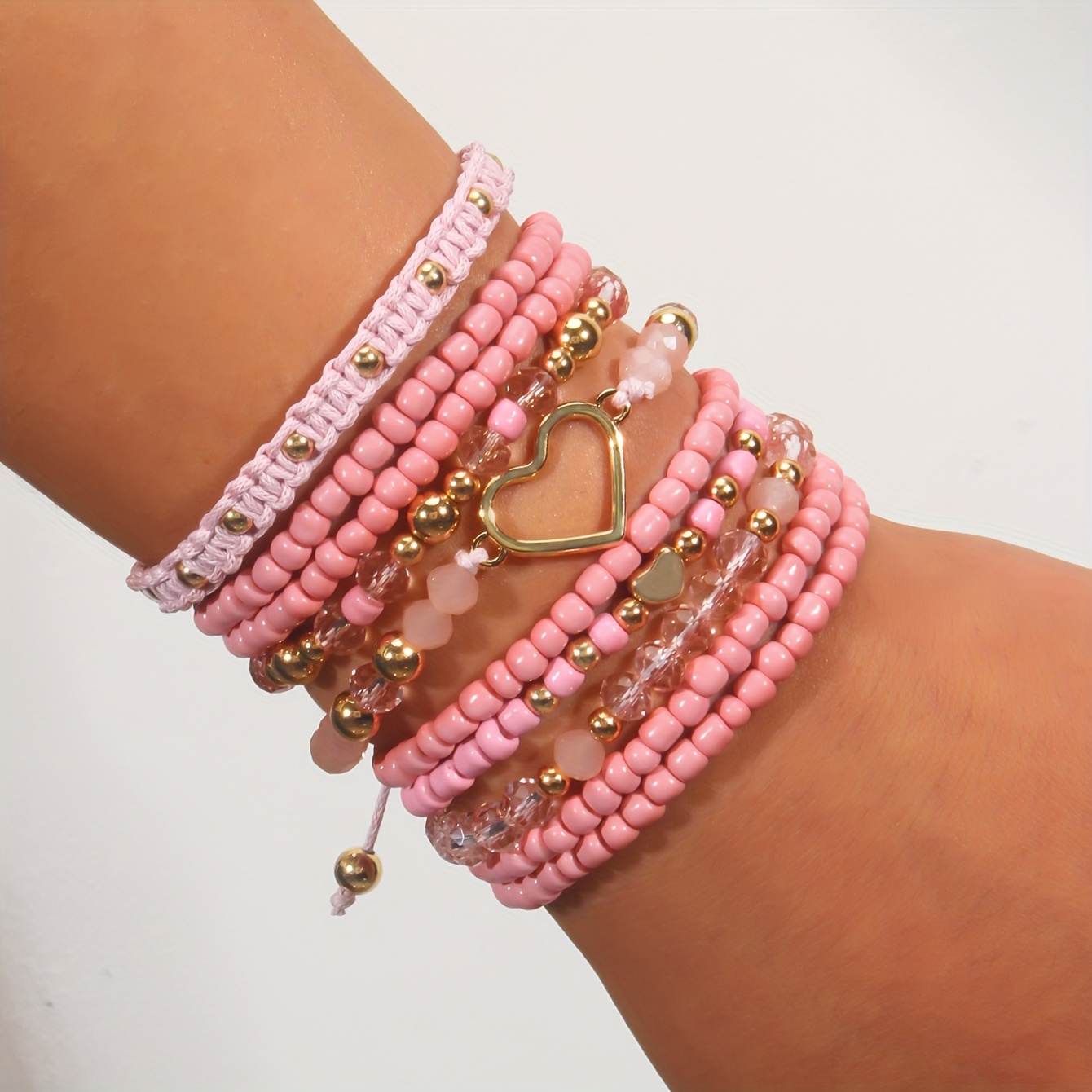 

10pcs Set Handmade Ladies' Stackable Bracelets, Y2k Style Cute Pink With Heart Charm, Glass Beads, & Vacation, Valentine's Day Gift, Accessory