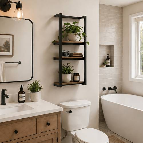 wall mounted bathroom shelf with black metal frame and rustic wood shelves 3 tier storage organizer for towels toiletries and decor space saving wall rack for bathroom kitchen or laundry room style