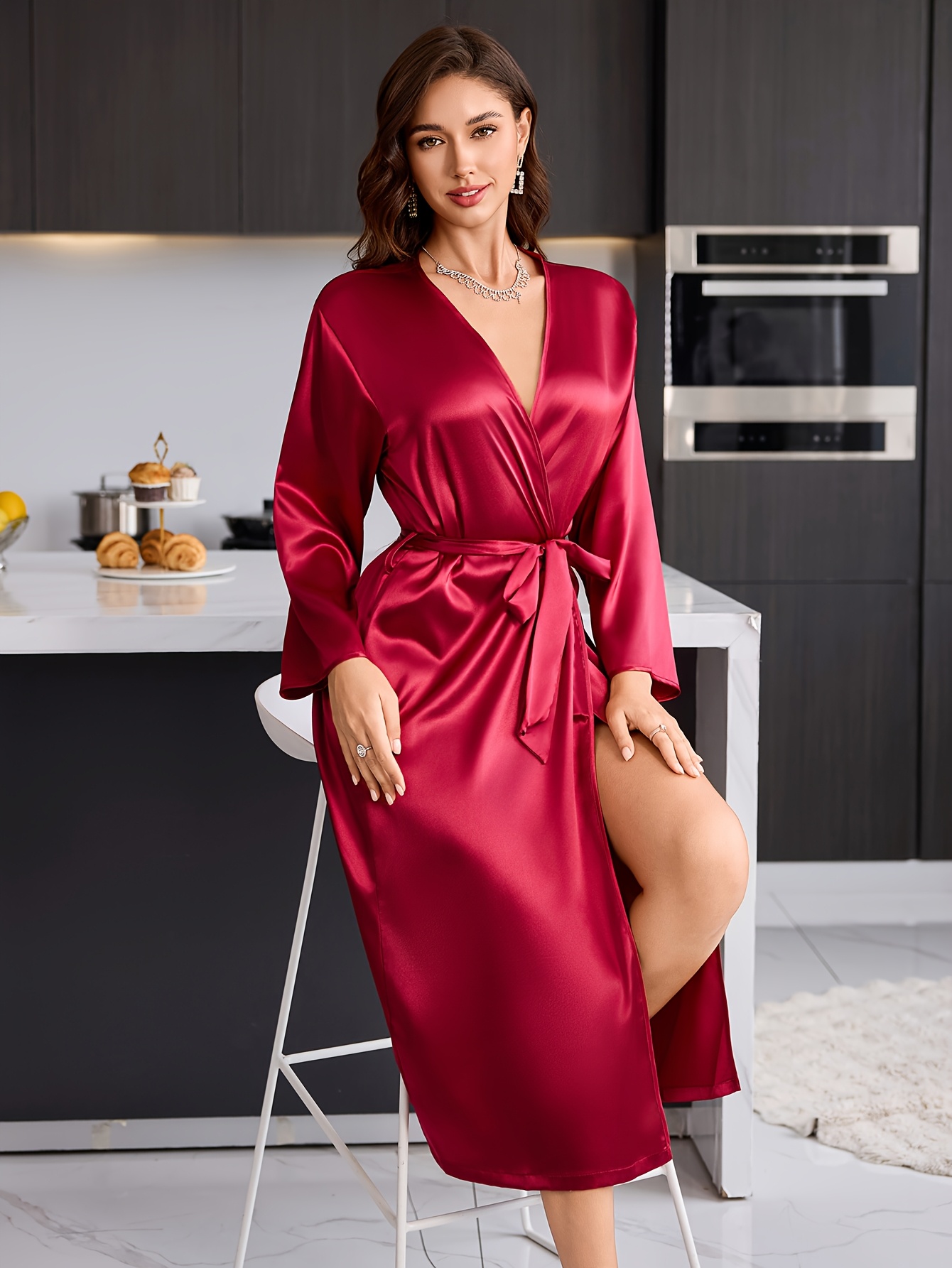 Elegant Beige Satin Robe for Women - V-Neck, Long Sleeve, Belted Waist, High-Slit Design, Perfect for Home or Spa, All-Season Comfort, Spa Attire | Vneck Robe | Satin Finish