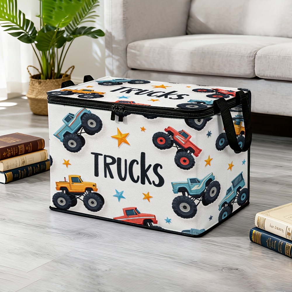 TEMU 1pc Storage Basket With Lid, Cartoon Truck Pattern, Large Capacity, Suitable For Office Storage, Living Room Storage, Pet Supplies, Laundry Room