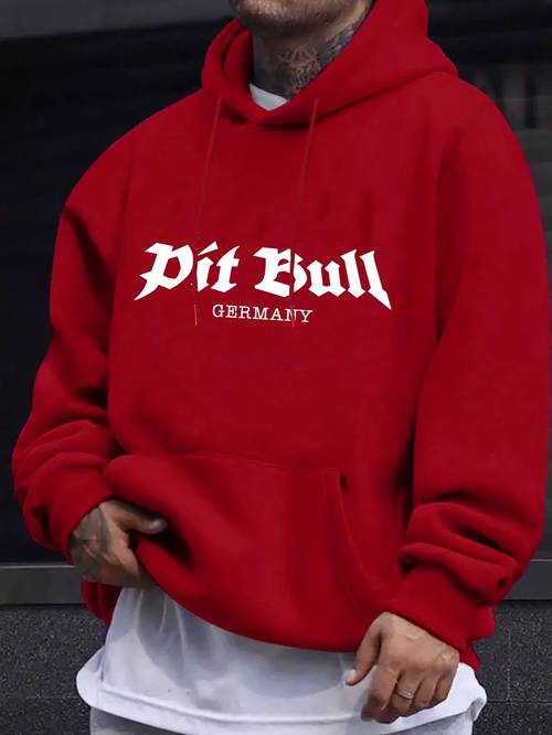 Men S Casual Print Hoodie - PIT BULL Graphic, Black Pullover with White Lettering, Fall/Winter Streetwear, Regular Fit, Sweater Hoodie