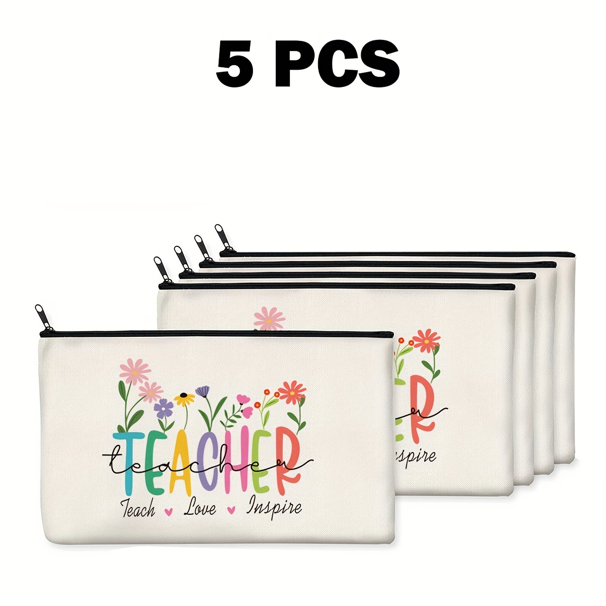 

5pcs Teacher-themed Canvas Zipper Pouches - Floral "teacher" Design With Inspirational Quotes, Lightweight & Reusable For Travel, School Supplies, Gifts, And Everyday Use