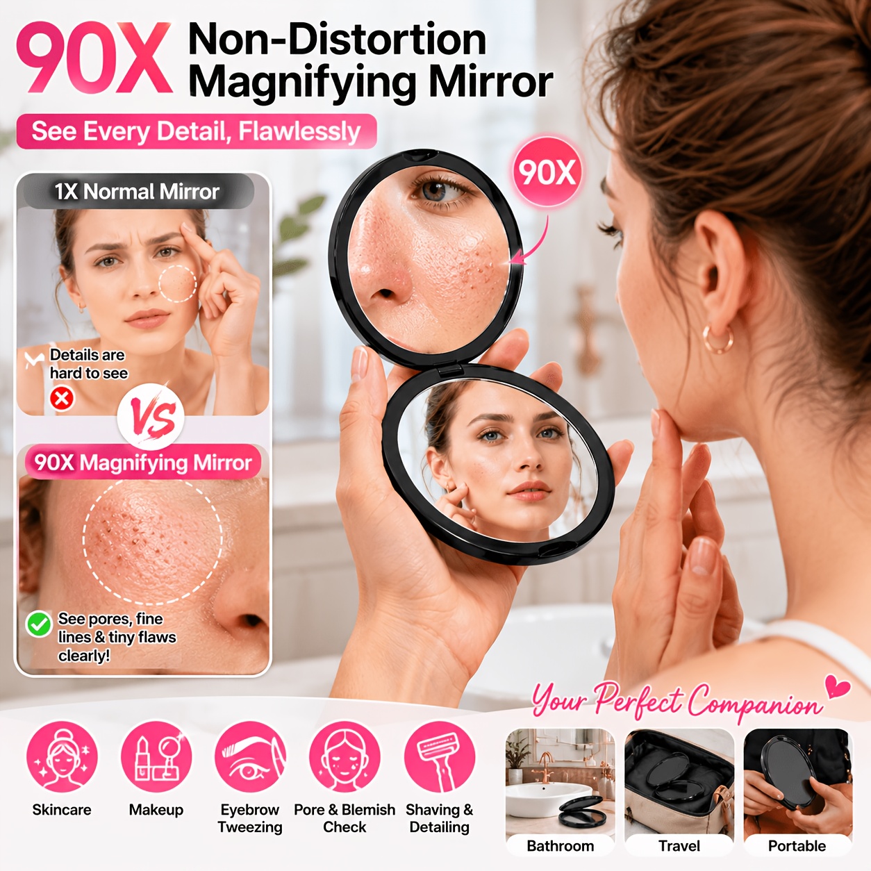 TEMU A Folding Magnifying Mirror With A Stylish And High-quality Appearance, Offering 90x Magnification For Precise Makeup Application. Touch-ups,