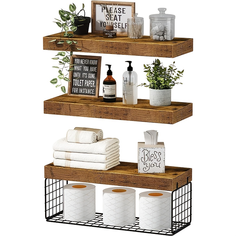 TEMU Farmhouse Style Wall-mounted Bathroom Rack - Punch-free, Toilet Paper Storage, Strong Load-bearing Waterproof Plastic Shelves With Decorative