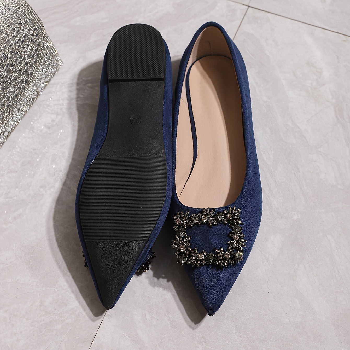 womens navy blue wedding formal shoes slip pointed flats Temu