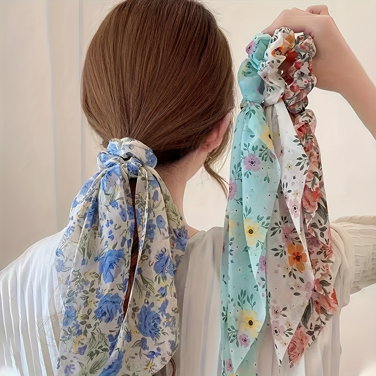 3 4 5pcs floral hair scrunchies elegant bow tassel   fabric hair ties for women stylish hair accessories for everyday special occasions cute hair accessories occasion hair ties decorative hair ties durable hair ties details 0