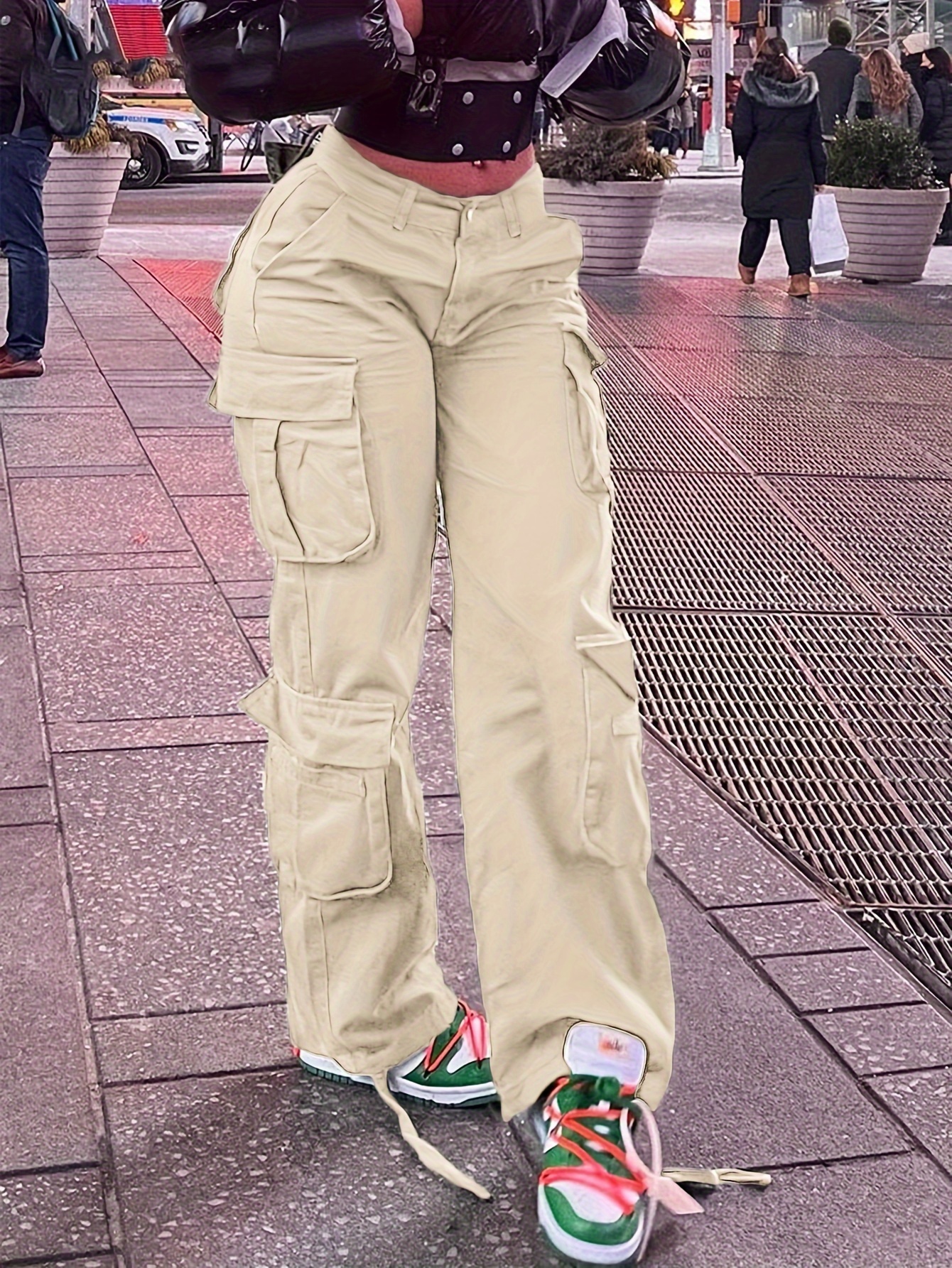  Jeans para mujer con solapa y bolsillo lateral, jeans cargo  para mujer (color beige, talla: S) : Ropa, Zapatos y Joyería