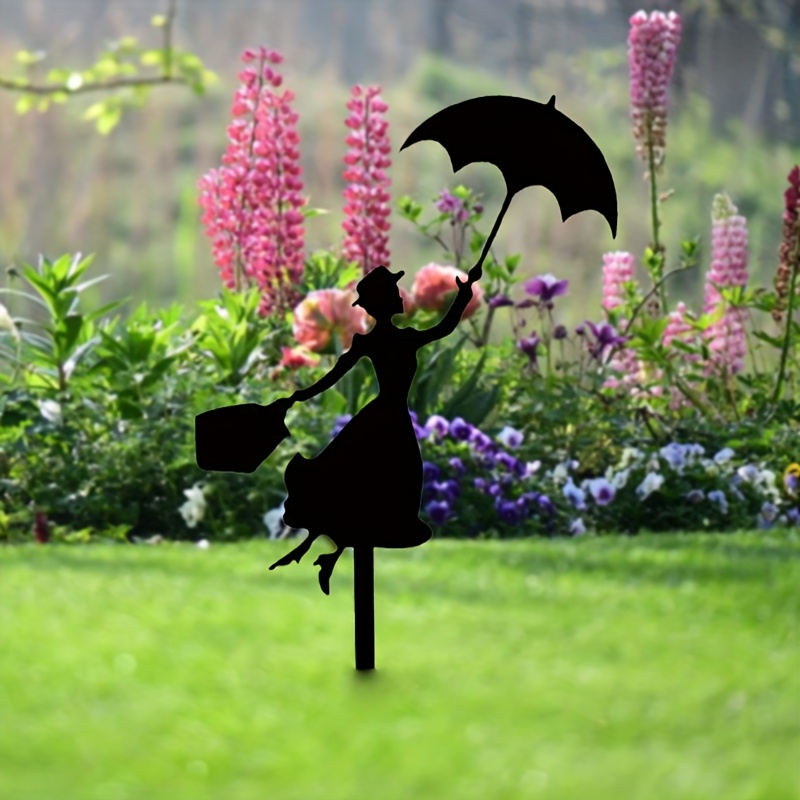 Image of 1pc Iron Figure Garden Stake Decoration, Lady With Umbrella Theme, Durable Iron Flower Bed Decor, Perfect Mother's Day Gift For Garden Or Patio Decor