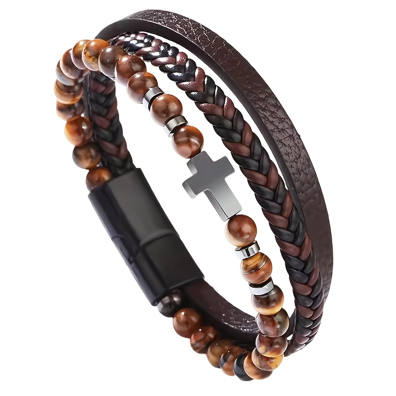 Image of Stainless Steel Genuine Leather Eye Natural Bracelet With Cross Charm For Good Luck Jewelry Accessory