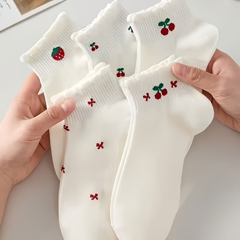 TEMU 5 Pairs Cartoon Cute Cherry Women's Bow Short Socks White Girly Short Tube Socks Cute Breathable Lace Boat Socks