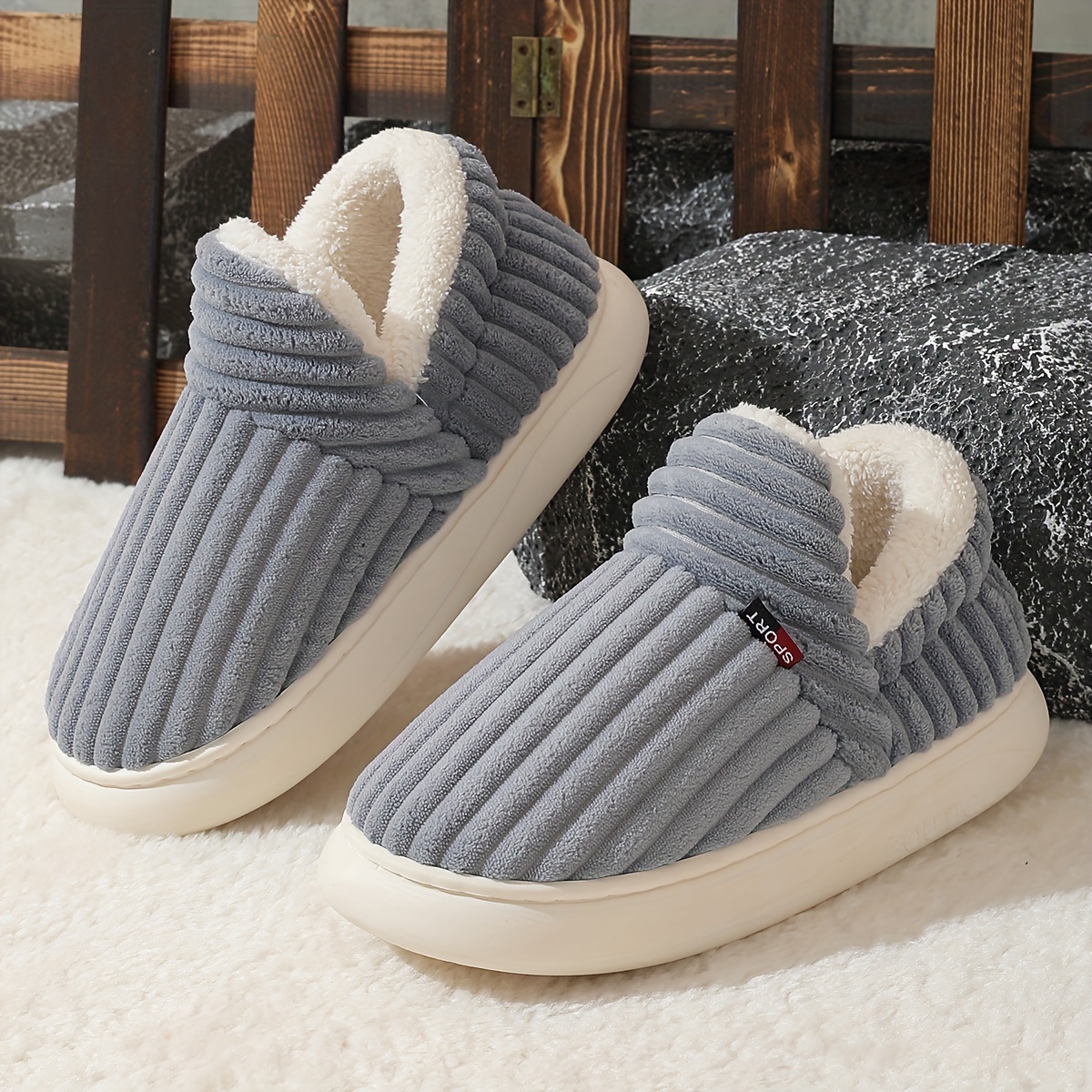 

Men's Solid Color Slip On Fabric Indoor Shoes With Warm Plush Lining, Thermal Casual Durable Bedroom Shoes, Keep Your Feet Warm In This Winter