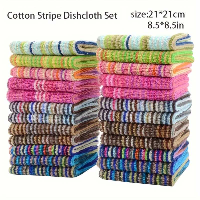 

12/24pcs Cotton Striped Dishcloth, Thickened Double Sided Dishcloth, Soft Absorbent Square Towel, Household Dishcloth, For Kitchen Household Cleaning, Ideal Kitchen Supplies