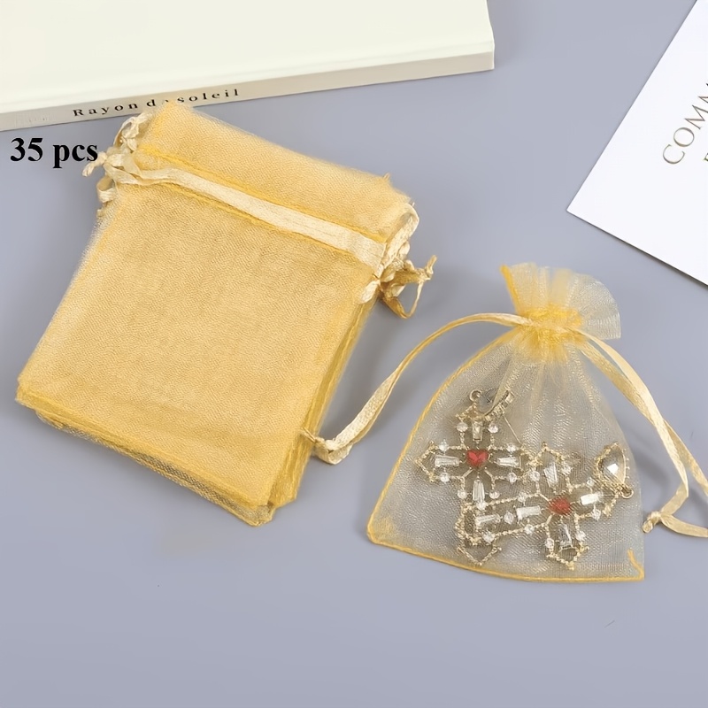 TEMU Lot de 35 sacs cadeaux en organza doré de 4" x 4,7" (10 cm x 12 cm), convient pour bijoux, fêtes, cadeaux de mariage, sacs à bonbons en tulle de