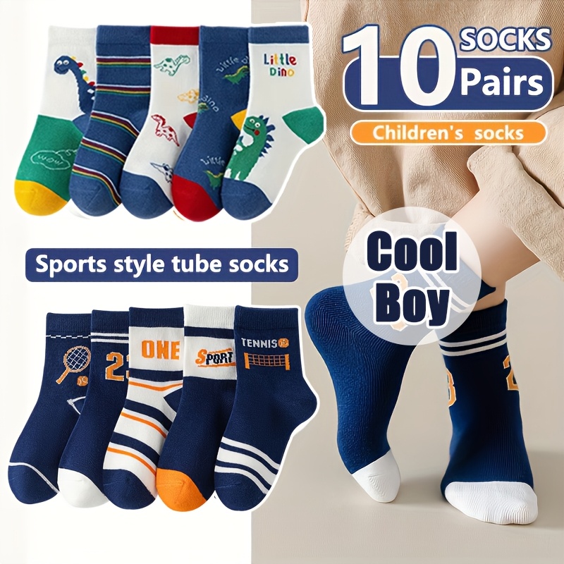10 Pairs Boys' Sporty Trendy Cool Mid-calf Socks, Versatile Kids' Socks, Suitable 0-14