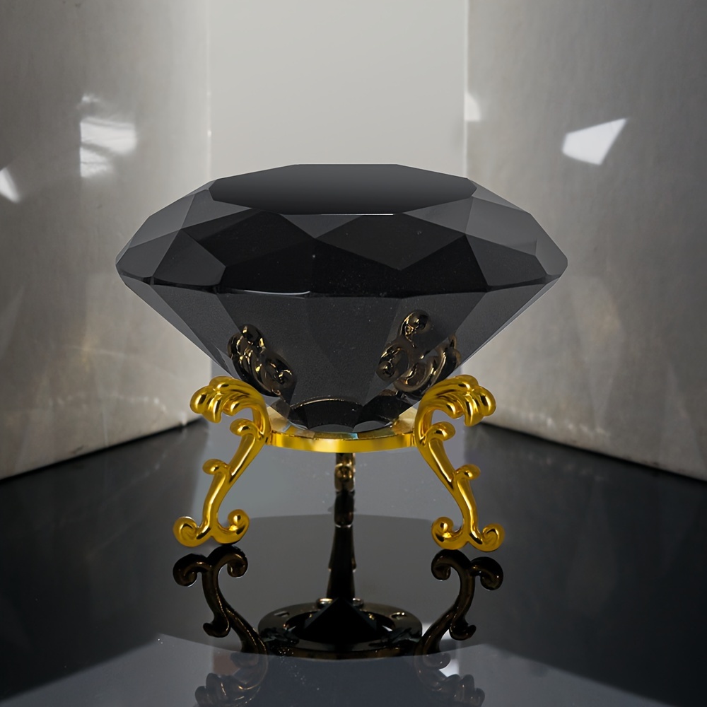 Diamond Paperweight With Metal Base, Black Jewelry, Sparkling Glass Centerpiece, 80mm