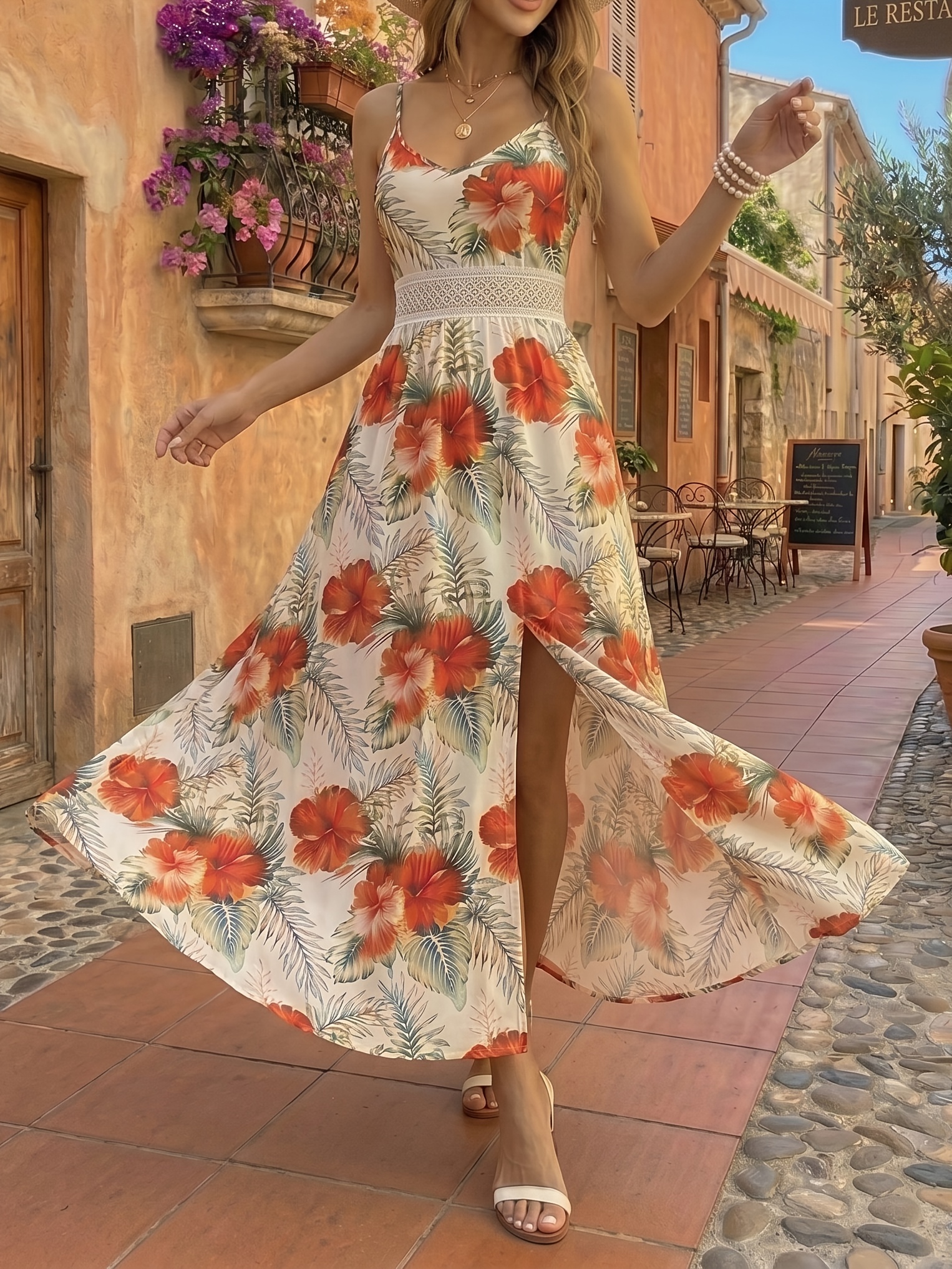 Women'S Floral Print Sleeveless Maxi Dress - V-Neck, High-Low Hem, White  with Red & Green Flowers * Spring/Summer Vacations, Casual Elegant Style,  ...