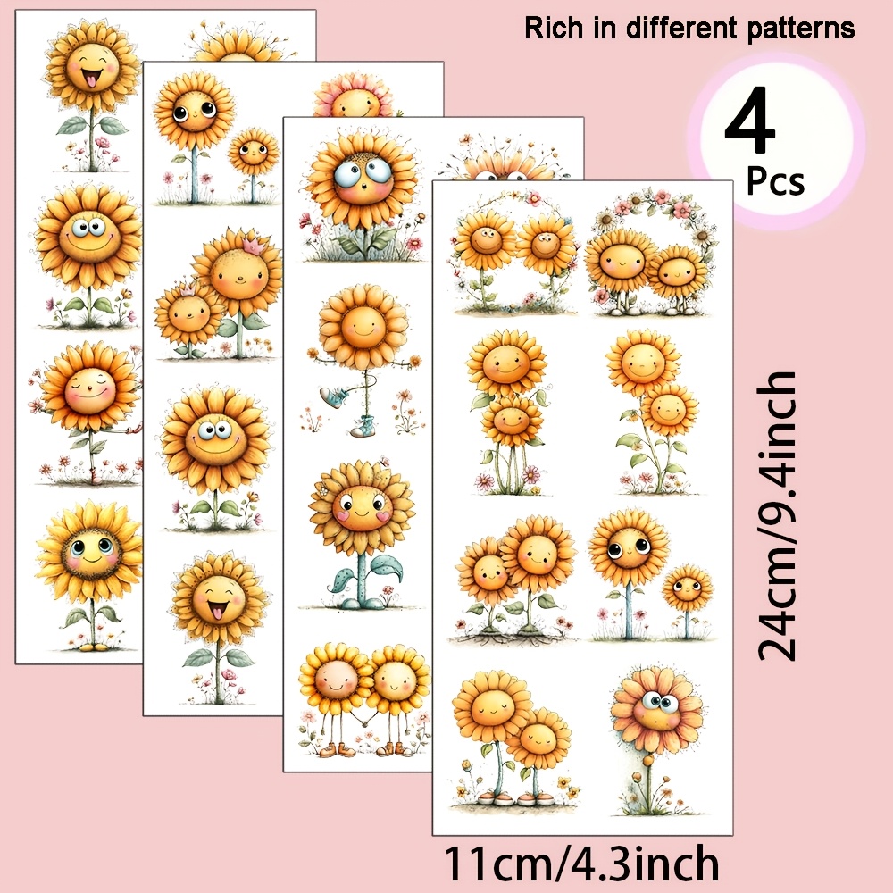 TEMU 4er-Set Verspielte Sonnenblumen Sommermuster UV-Transfer - für Bastelarbeiten, Tassen, Laptops & Wasserflaschen, Selbstklebendes Plastik,