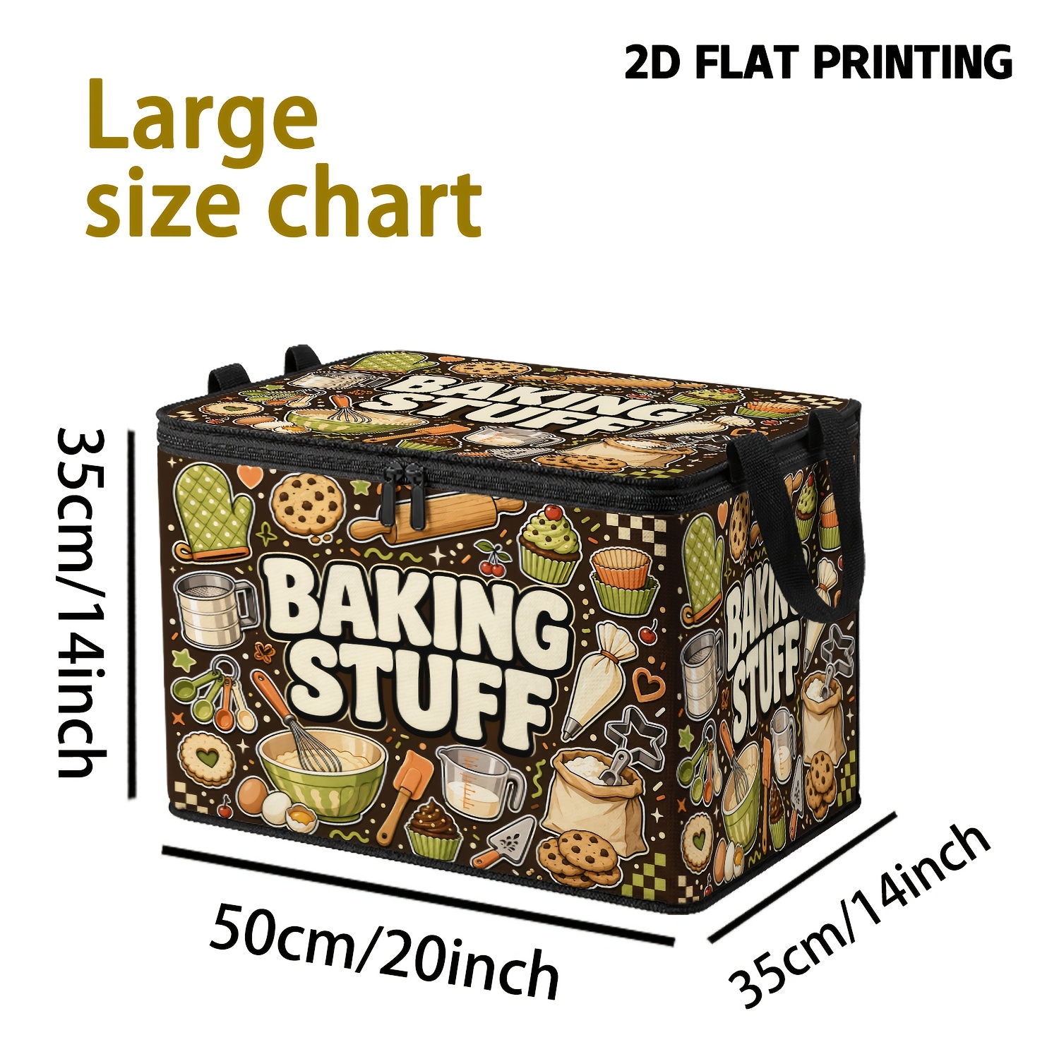 TEMU 1pc Brown Baking Tools Cupcake Cookie 2d Flat Print, Baking Kitchen Theme Large Capacity Foldable Storage Box, Lidded Dust-proof Double Zipper
