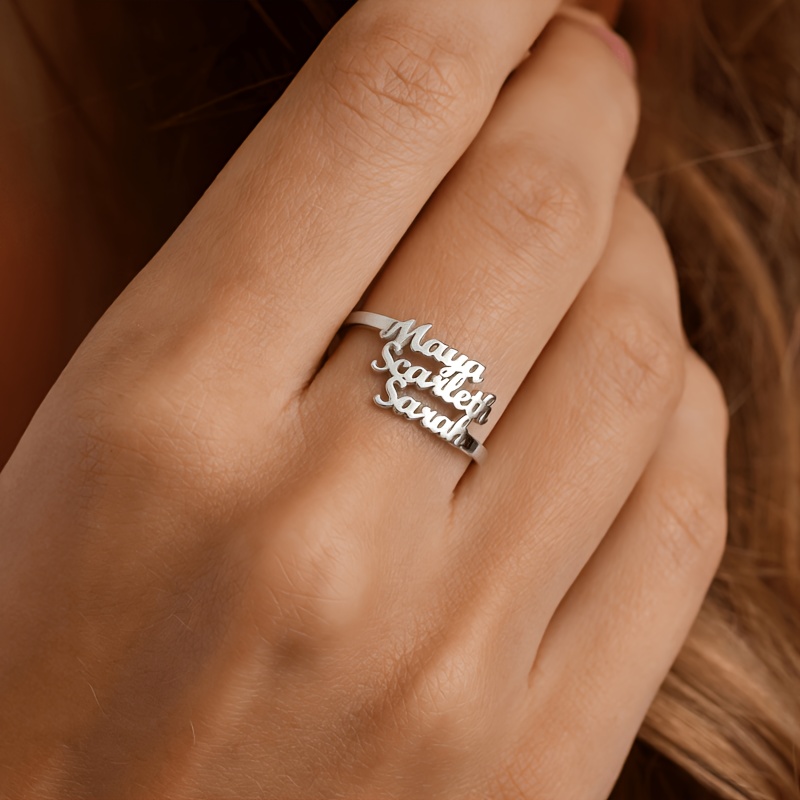 TEMU Customize Personalized 1-3 Name Rings, Stainless Steel Name Rings, Open Adjustable Unisex Rings, Valentine's Day Mother's Day Family Gifts