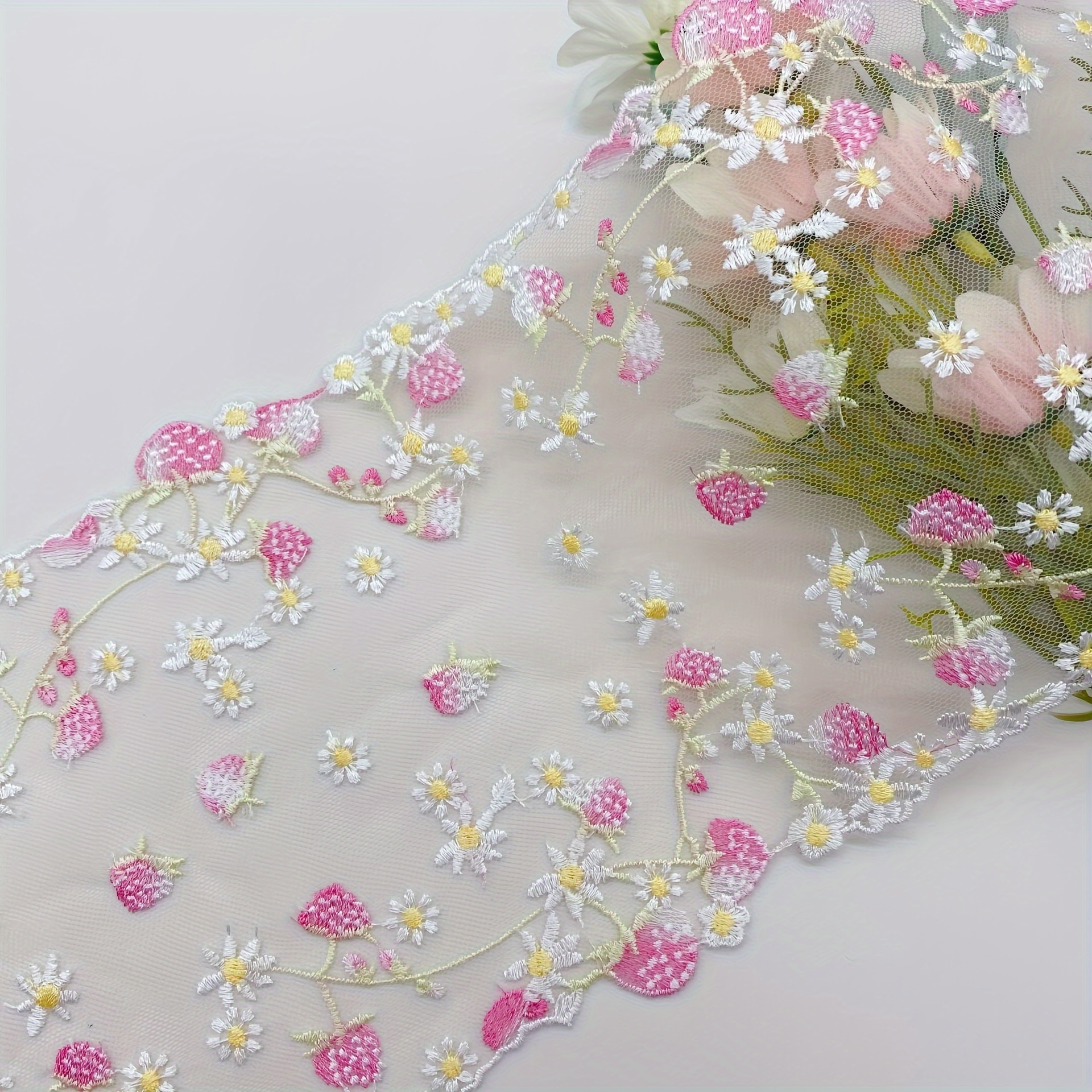 

luxurious Embroidery" Peach Embroidered Lace Trim, 6.8" Wide Mesh Yarn Strip For Diy Wedding Dresses, Cheongsam, Pajamas, Lingerie, Curtains & Home Decor - 1 Yard
