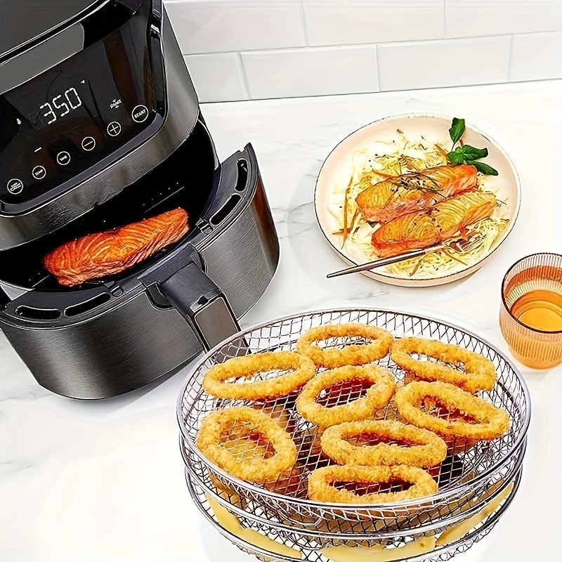 A Set of 8 Stainless Steel Air Fryer Dehydration Racks with Clips, Reusable Stacking Racks for Round Air Fryers, Suitable for 4.2QT-5.8QT Air Fryers, Washable Baking Additions for Air Fryers