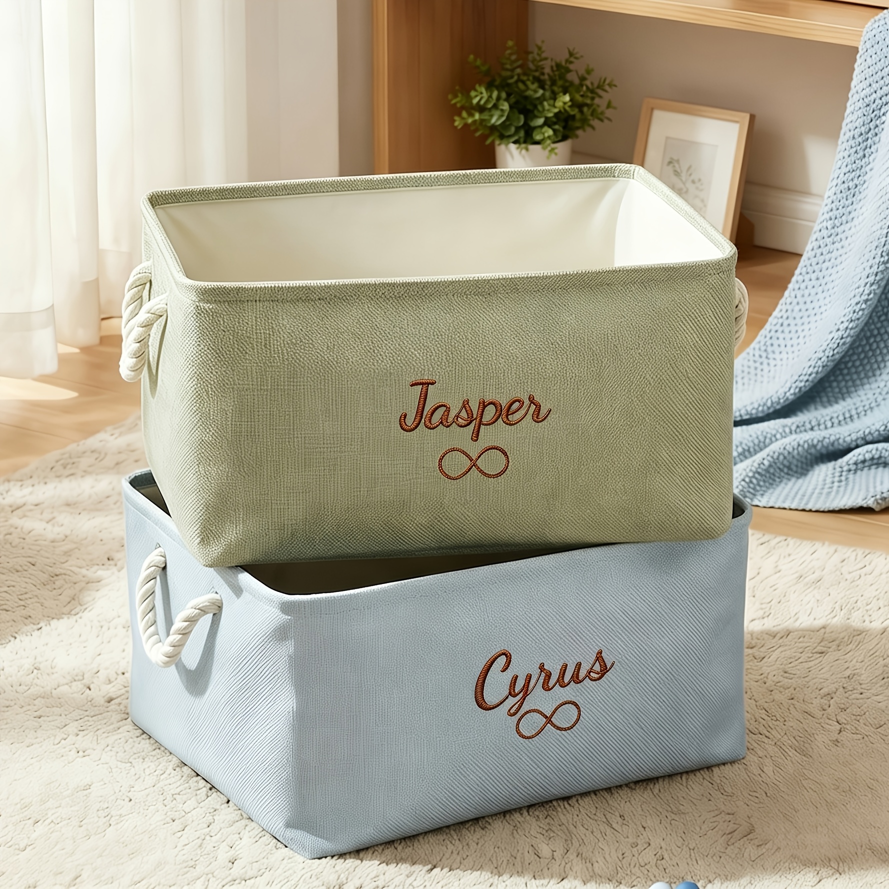 Custom Storage Basket with Handles, Personalized Foldable Bin