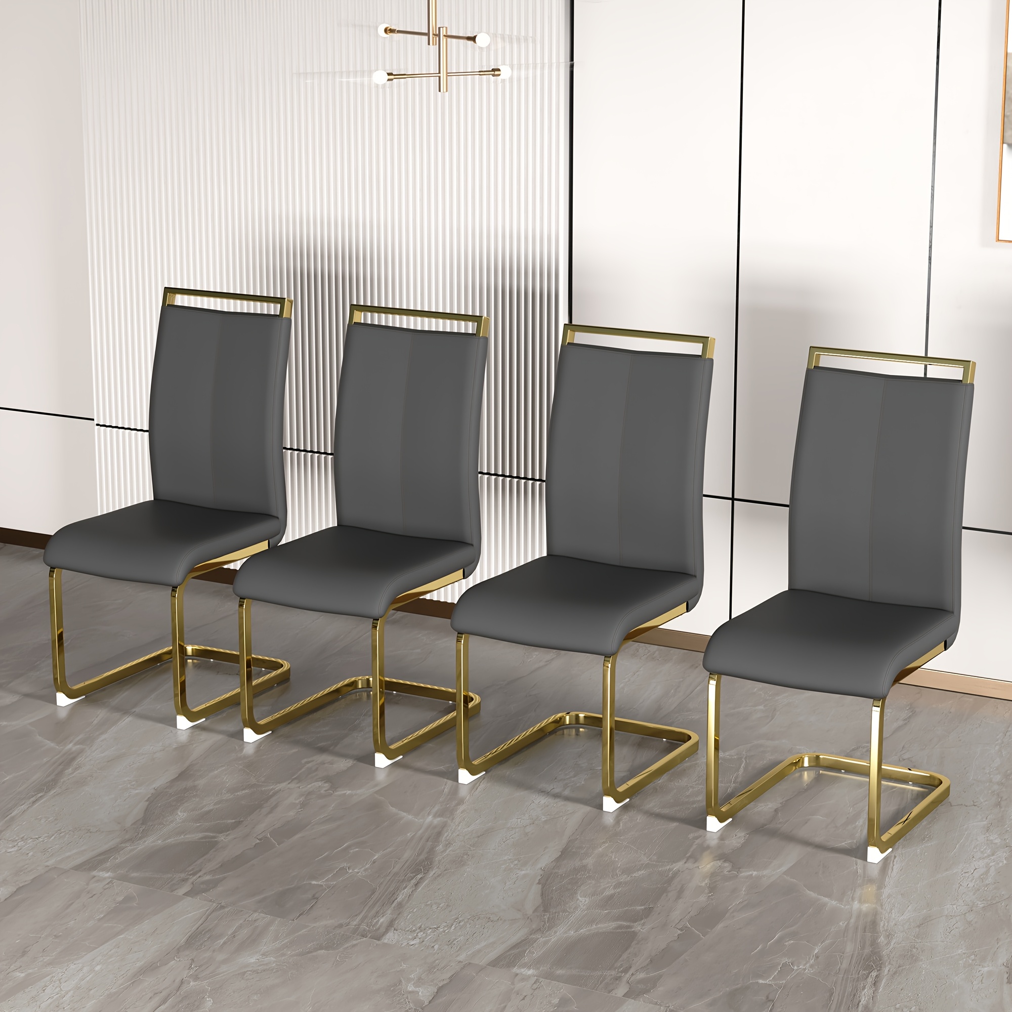 Modern Dining Chairs Set of 4, High Back White Kitchen Chairs, Faux Leather Side Chair with Gold Plated Metal Legs, Easy to Install Upholstered Dining Chairs, Ideal for Living Room, Easy to Install (Golden/Silver Leg) Local Warehouse