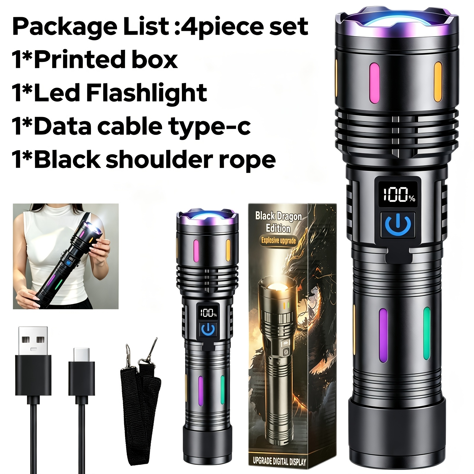 TEMU 4pcs Set New Most Powerful Led Flashlights Tactical Rechargeable Flashlight, Gear Large Flashlight Rechargeable Flashlights High , Ideal For ,