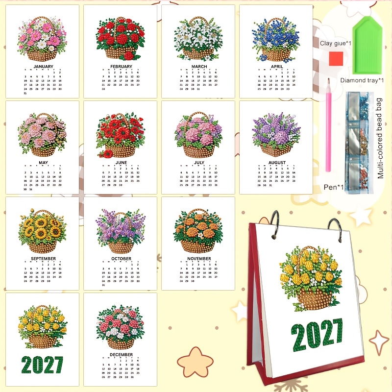 E-shop 2027 Blumenkorb Diamant Malerei Feiertags-Serie Muster Kalender, Mini Desktop Kalender, Schulbüro Kalender, Büro Schreibtisch Kreatives