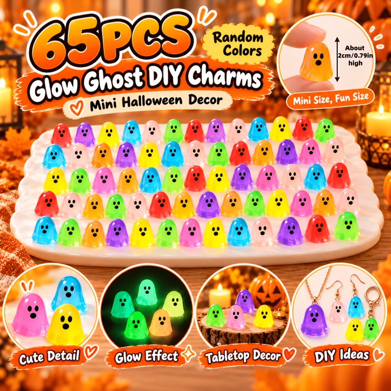 TEMU 65pcs Random Glow Charms, . 2cm Tall Halloween Diy Craft Accessories, Tiny -the-dark Decorations For Necklace, Keychain, Bag Charm, Jewelry