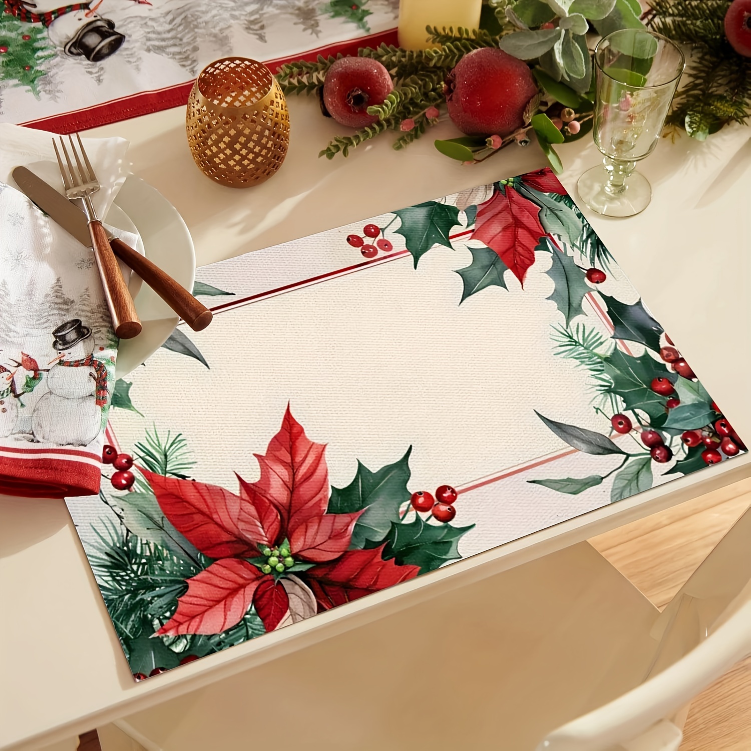 

4pcs Set Christmas Linen Placemats - 12x18 Inches, Machine Washable, Design For Dining & Kitchen Decor, Family Gatherings & Parties, Best For Christmas