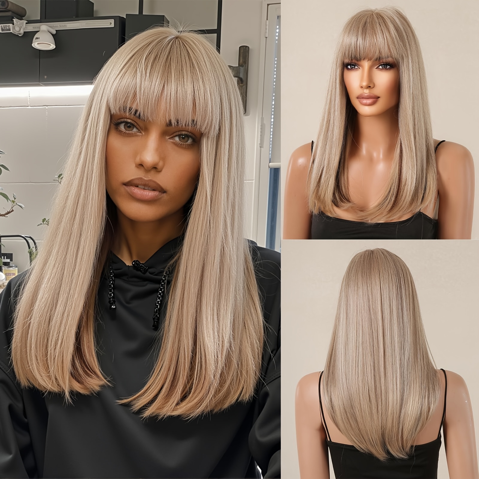 24-inch blonde wig featuring bangs, a long straight style  display picture 1