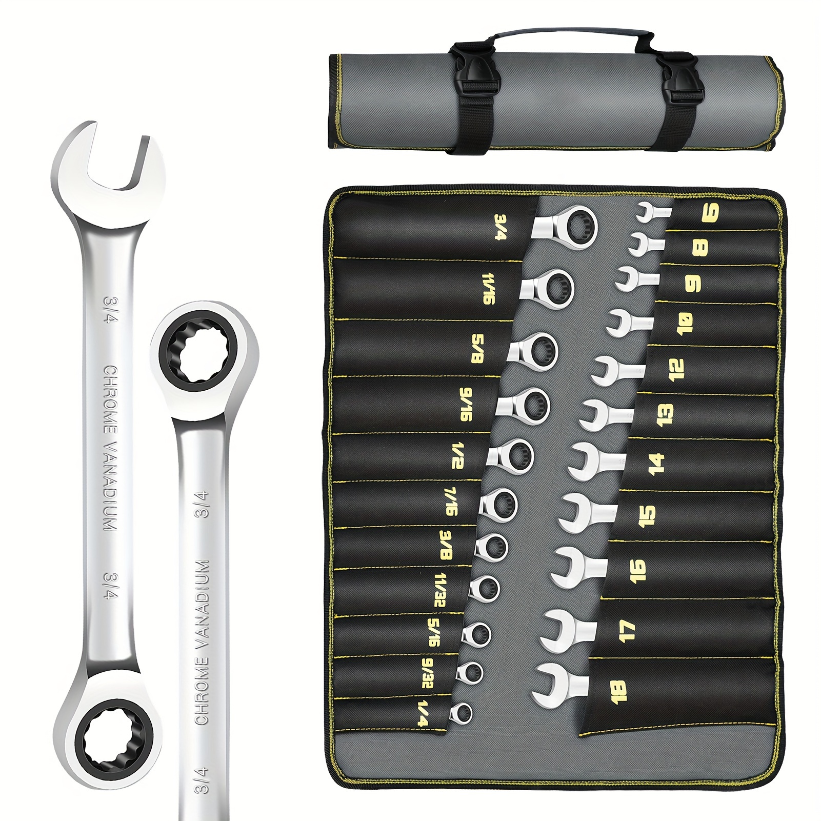 

Ratcheting Wrench Set, 22-piece 72 Teeth Ratchet Wrench Steel With Roll Up Pouch