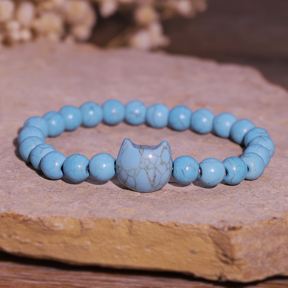 Cat Themed Stone Bracelet in Rose Quartz, Turquoise & Amethyst