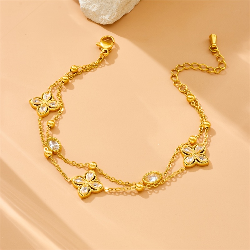 Women's Elegant Double-Layer Chain Flower Bracelet, Stainless Steel