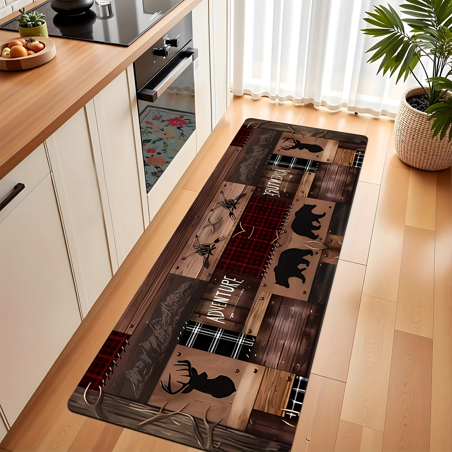 TEMU 1 tapis de luxe longue course - Motif planche de bois rustique avec animaux des bois, et texte "Joyeux & Lumineux", Tissu 100% polyester lavable