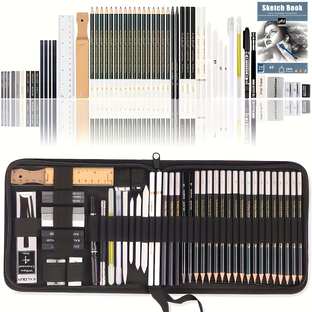 TEMU 54 Piece/set Sketch Drawing Pencils Kit With Sketchbook, Graphite, Charcoal Pencils And Artists Tools, Drawing Supplies, Ideal For Sketching