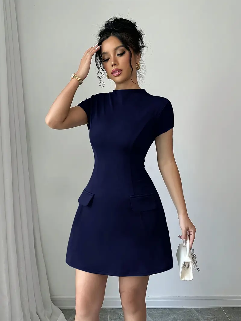 womens elegant short black dress faux pocket stand collar - Temu Mauritius womens elegant short black dress faux pocket stand collar - Temu Mauritius