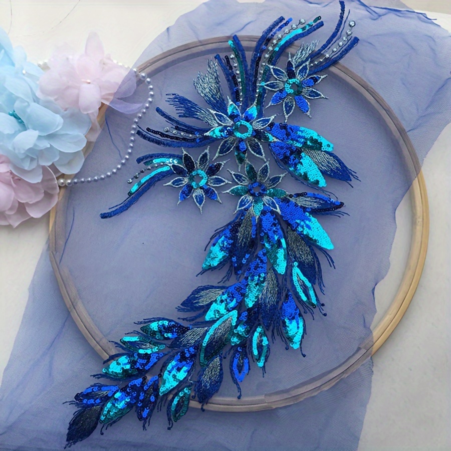 E-shop Goldene Blaue Pinke Pfauenfeder Pailletten Stoff Patch Dekorative Applikation