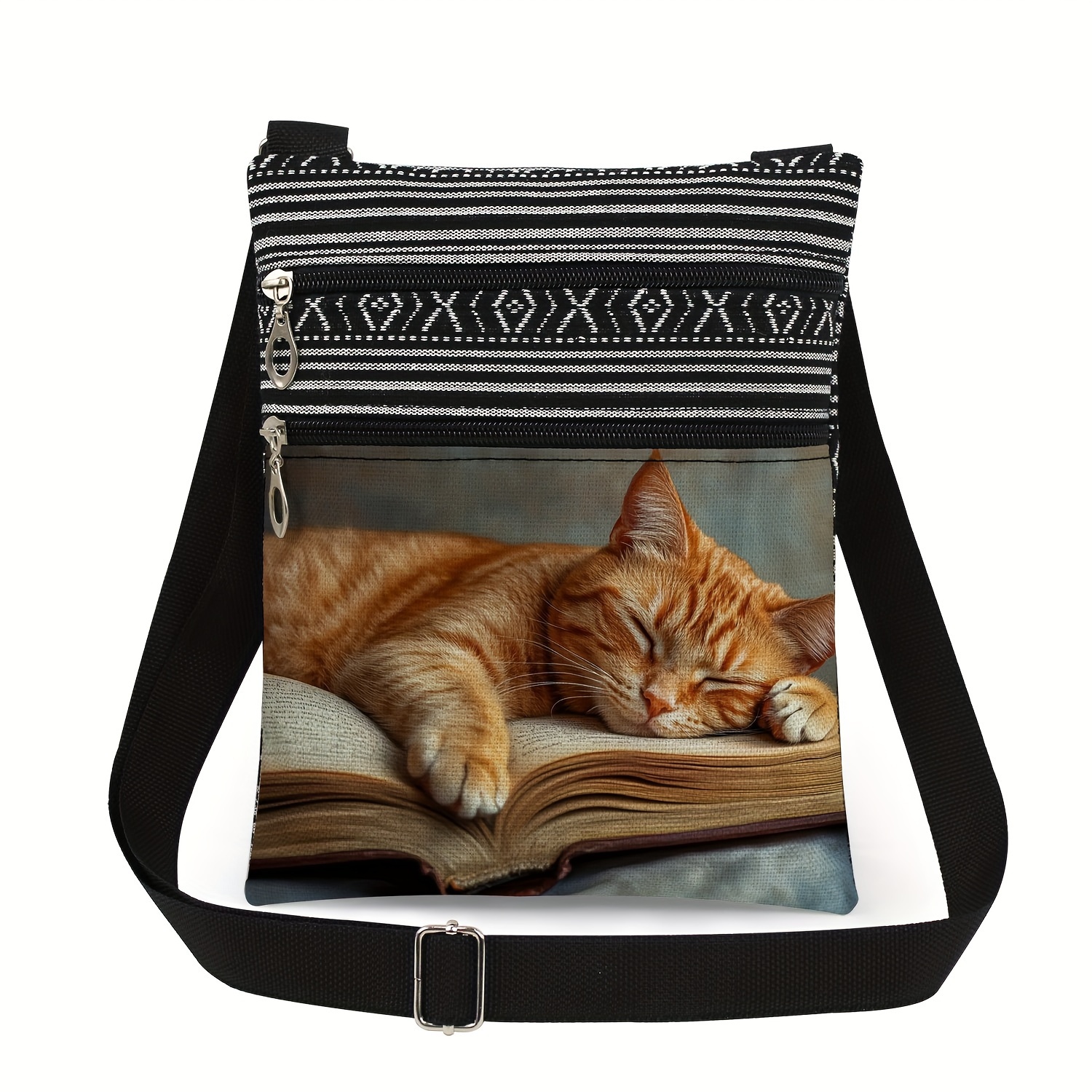 Stylish Men's Crossbody Bag With Unique Book & Cat Print - Adjustable Strap, Polyester, Perfect For Daily Commute - Great Birthday Gift