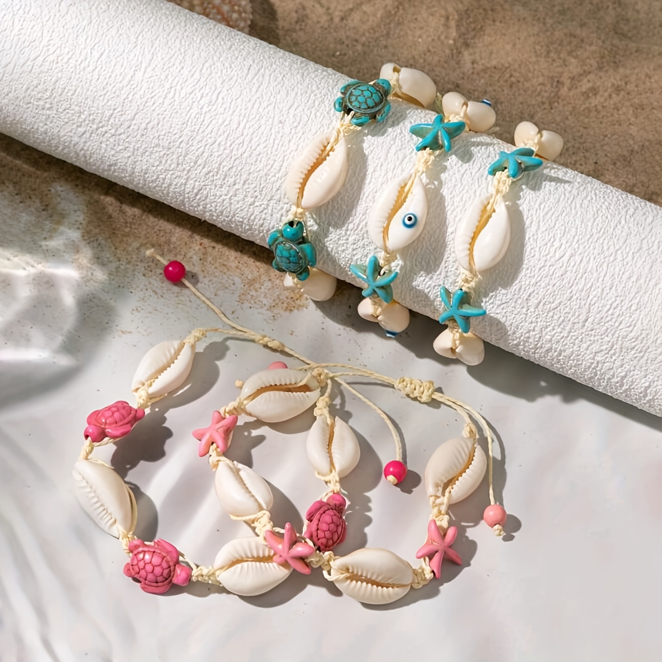 Boho Starfish & Shell Rope Knot Bracelet Pink Starfish Shells & Coral Beads